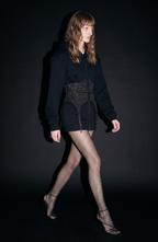 Black hooded zip hoodie with a crystal-studded corset panel