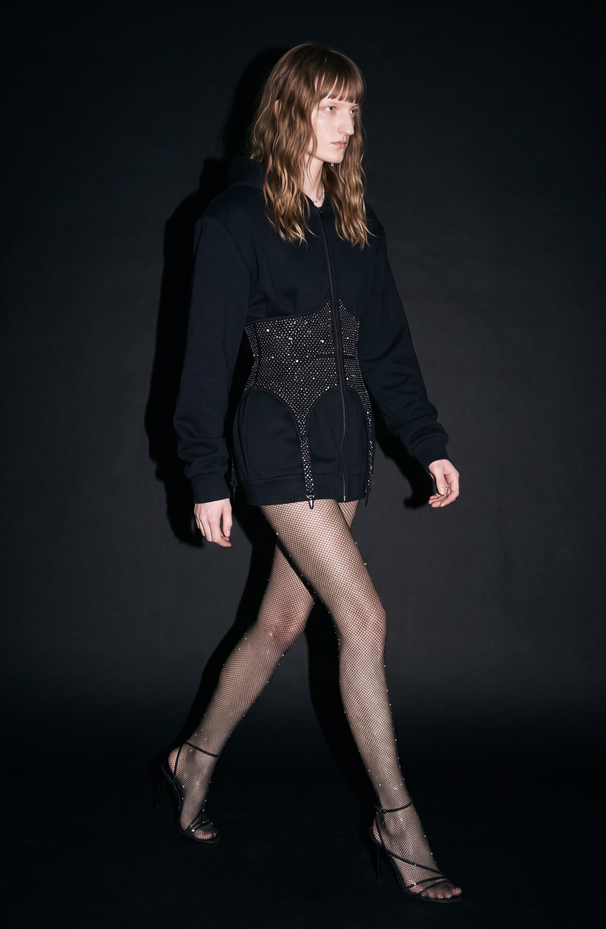 Black hooded zip hoodie with a crystal-studded corset panel