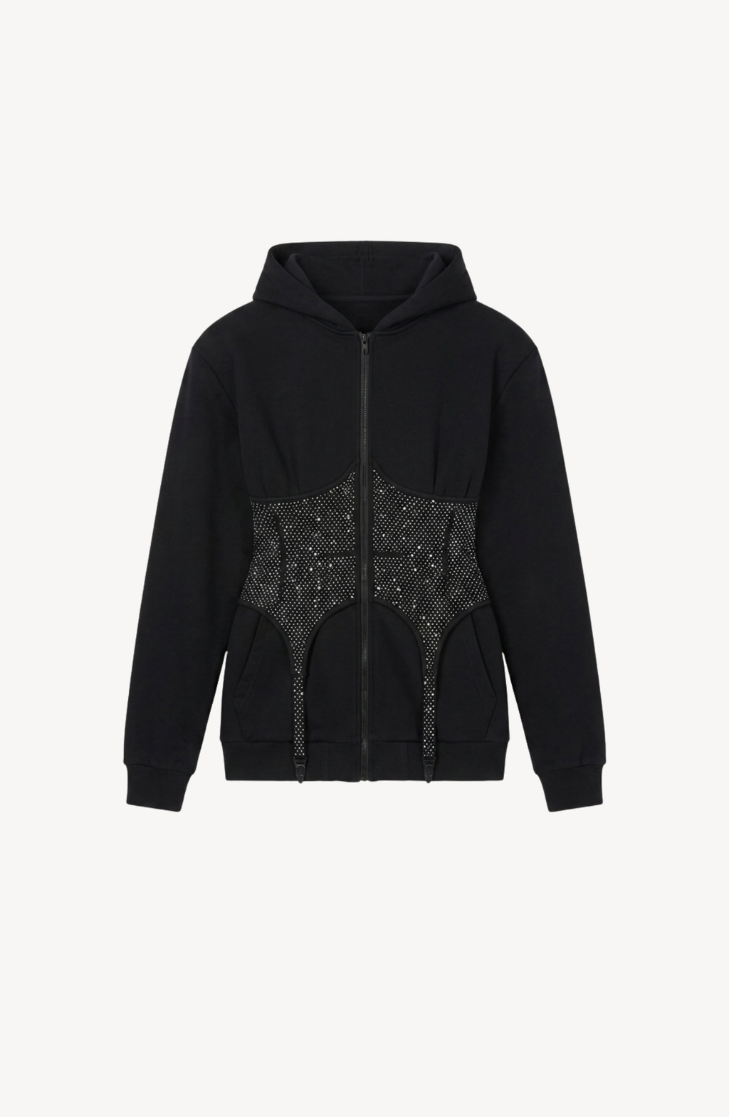 Black hooded zip hoodie with a crystal-studded corset panel