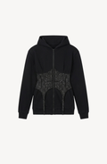 Black hooded zip hoodie with a crystal-studded corset panel