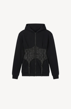 Black hooded zip hoodie with a crystal-studded corset panel