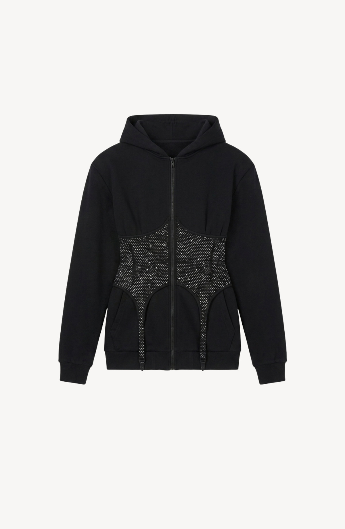 Black hooded zip hoodie with a crystal-studded corset panel