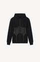 Black hooded zip hoodie with a crystal-studded corset panel