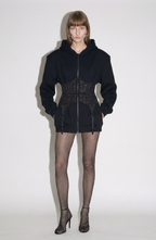 Black hooded zip hoodie with a crystal-studded corset panel