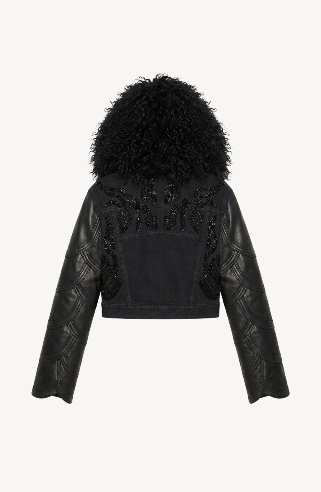 Black cropped jacket with textured collar, long sleeves and front embellishment
