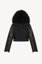 Black cropped jacket with textured collar, long sleeves and front embellishment