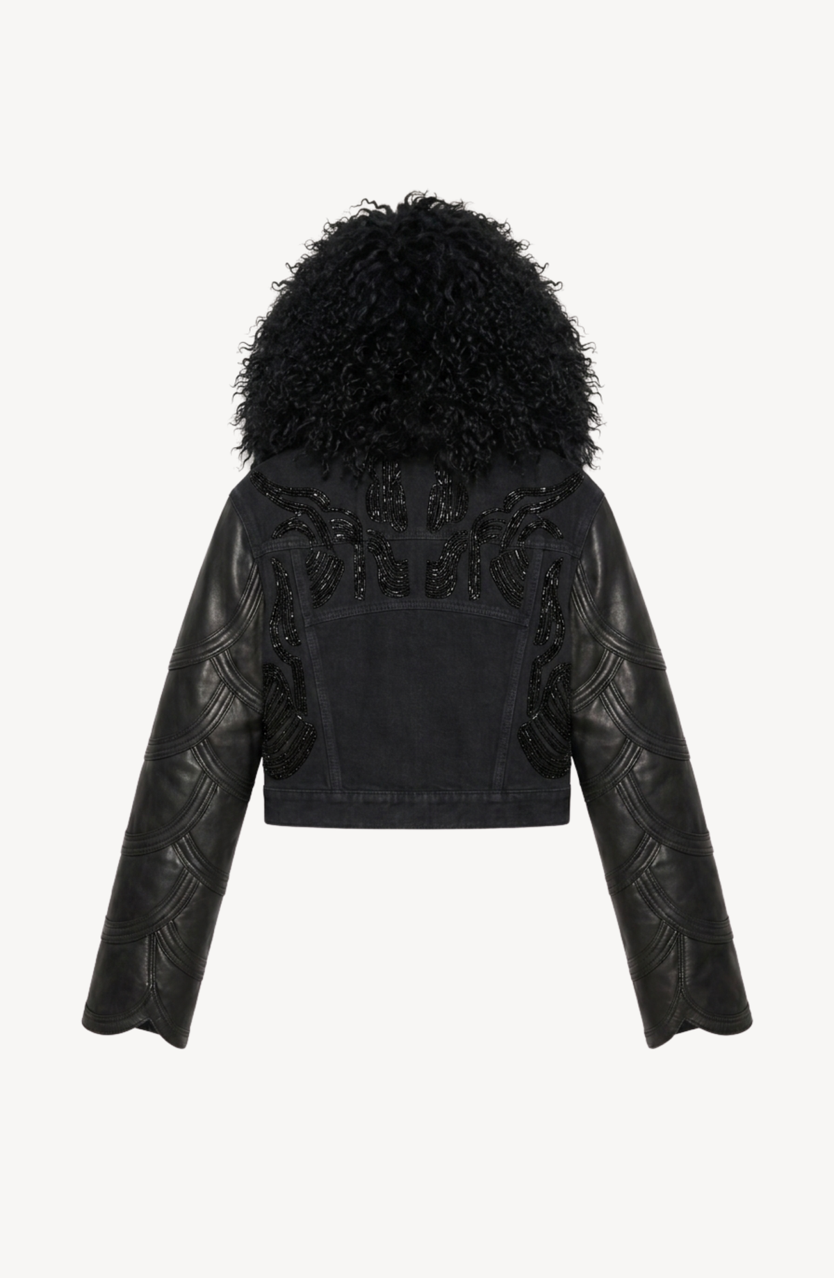 Black cropped jacket with textured collar, long sleeves and front embellishment