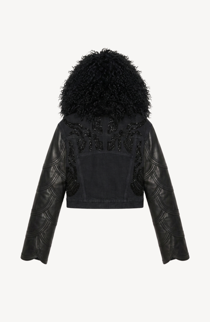 Black cropped jacket with textured collar, long sleeves and front embellishment