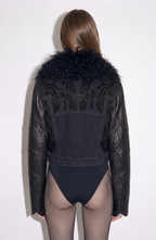 Black cropped jacket with textured collar, long sleeves and front embellishment
