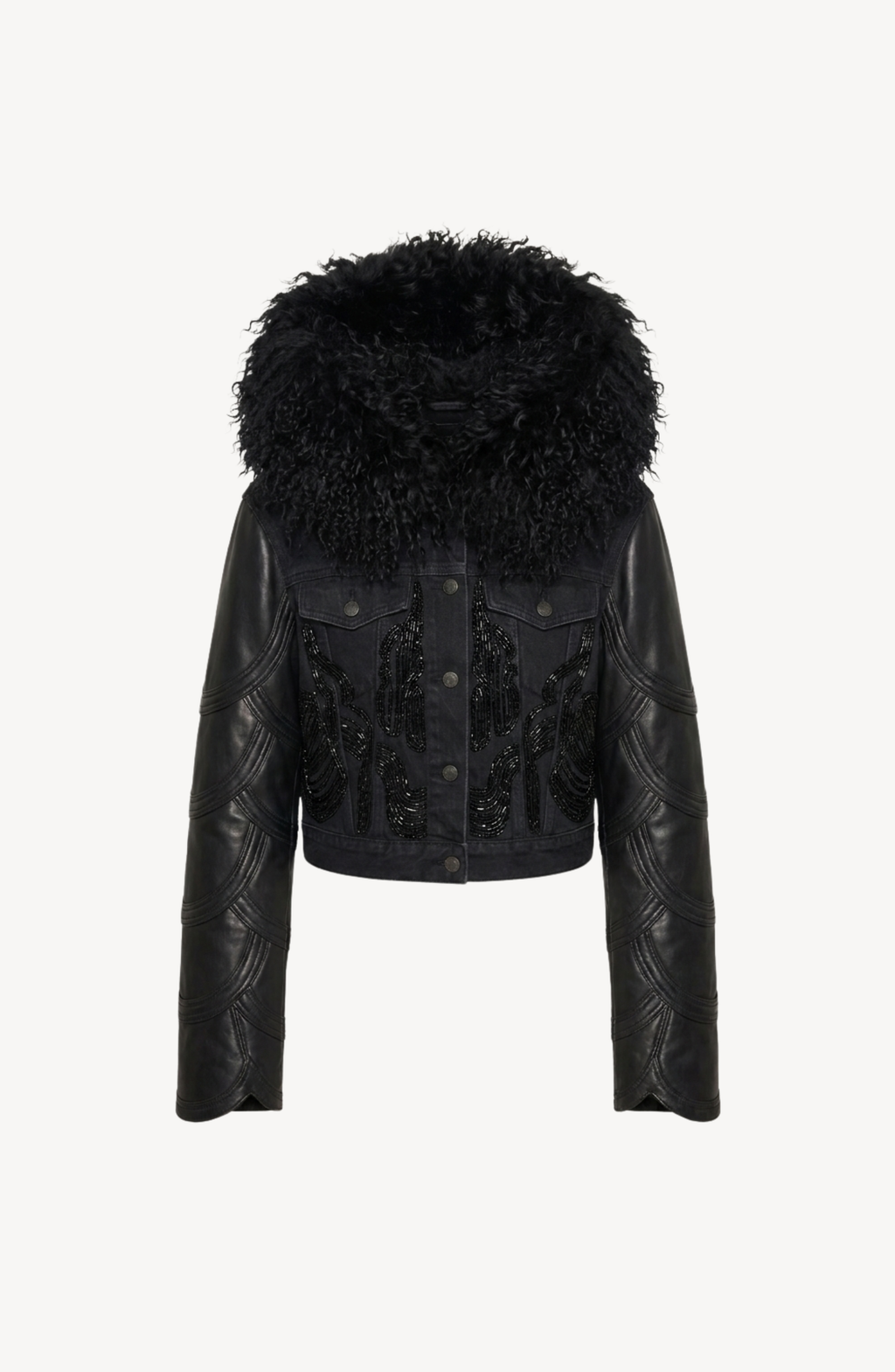 Black cropped jacket with textured collar, long sleeves and front embellishment