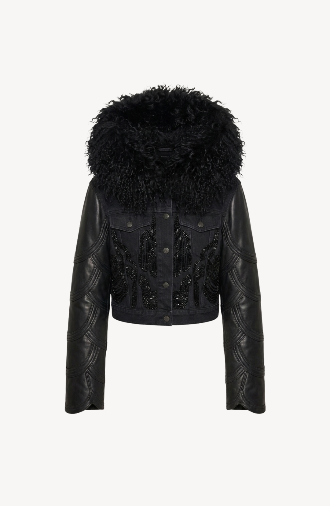 Black cropped jacket with textured collar, long sleeves and front embellishment