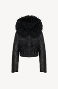 Black cropped jacket with textured collar, long sleeves and front embellishment