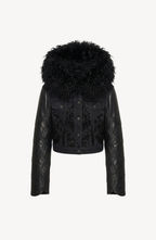 Black cropped jacket with textured collar, long sleeves and front embellishment