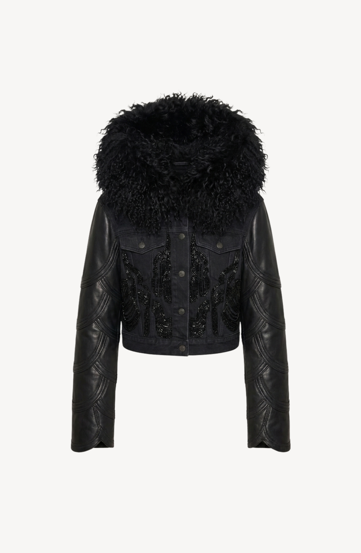 Black cropped jacket with textured collar, long sleeves and front embellishment