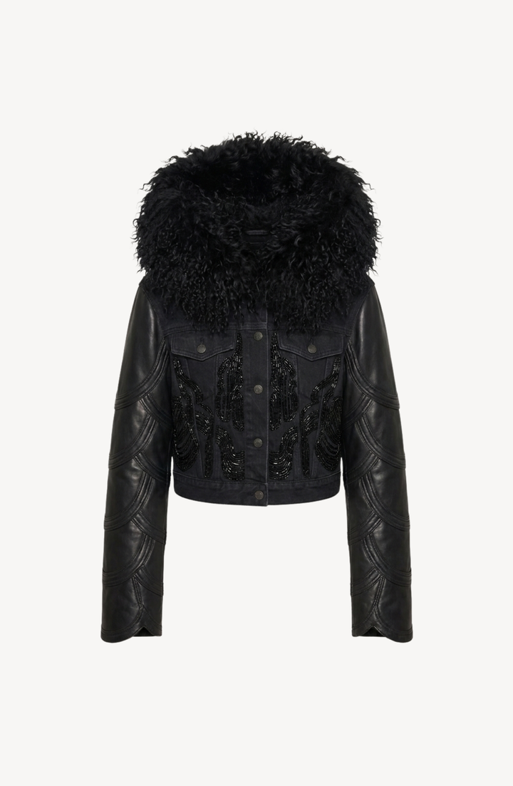 Black cropped jacket with textured collar, long sleeves and front embellishment