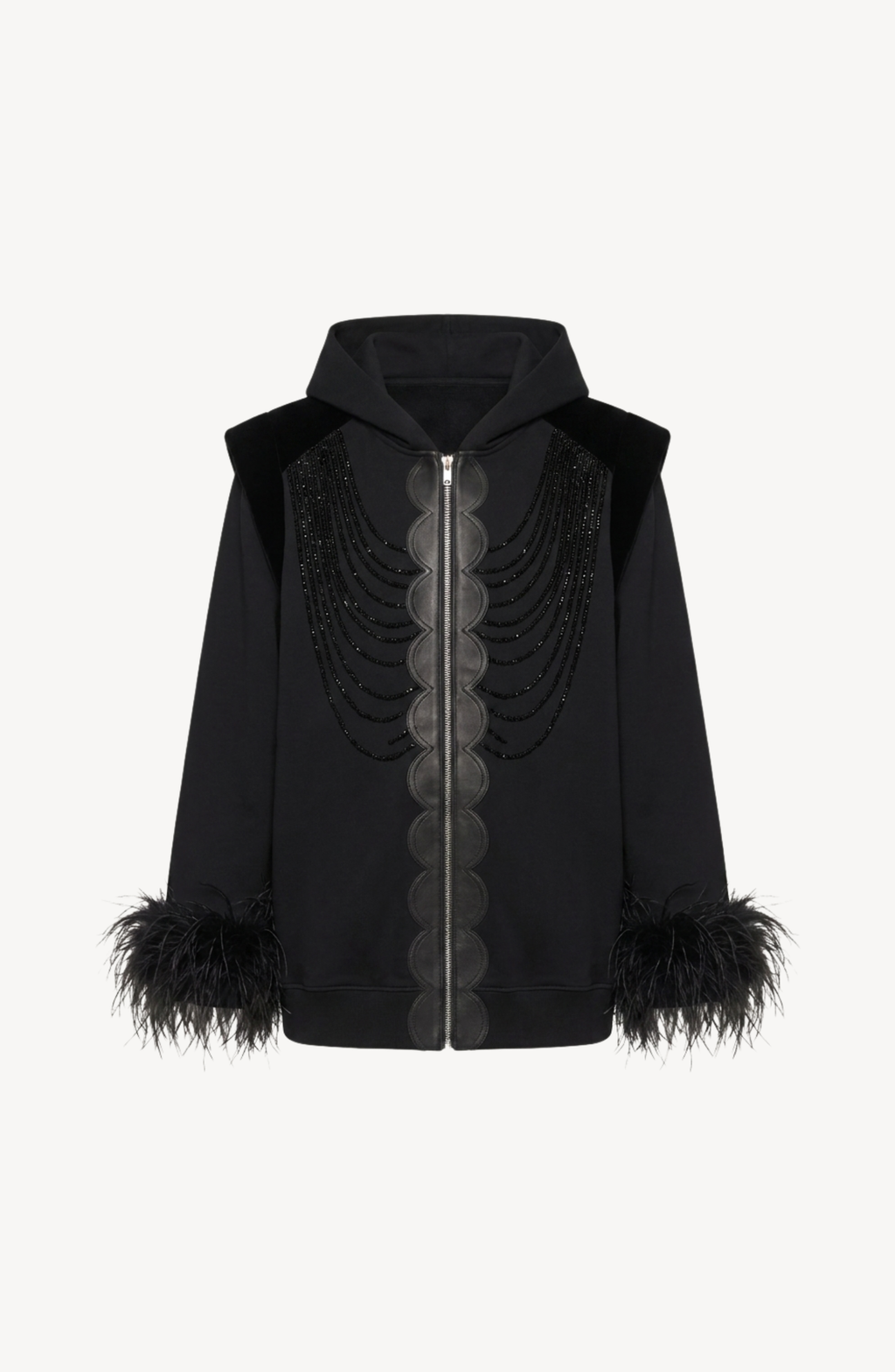 Women's black zip hoodie with embellished front and feather-trimmed cuffs