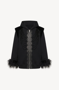 Women's black zip hoodie with embellished front and feather-trimmed cuffs
