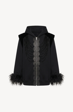 Women's black zip hoodie with embellished front and feather-trimmed cuffs