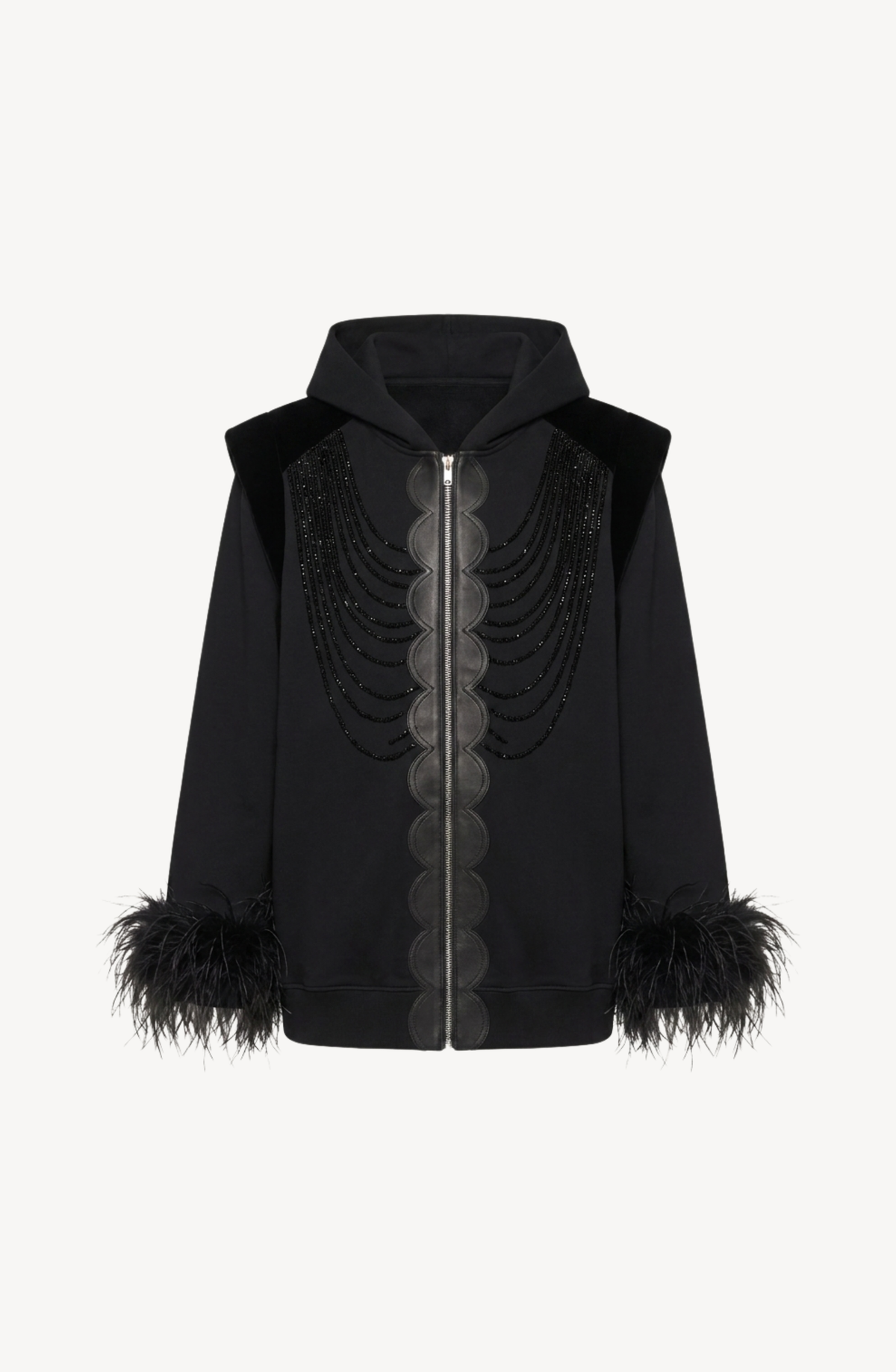 Women's black zip hoodie with embellished front and feather-trimmed cuffs