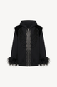 Women's black zip hoodie with embellished front and feather-trimmed cuffs