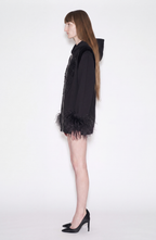 Women's black zip hoodie with embellished front and feather-trimmed cuffs