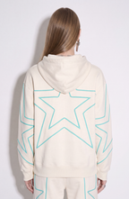 Cream hoodie with turquoise outlined star pattern, drawstring hood and front pouch pocket