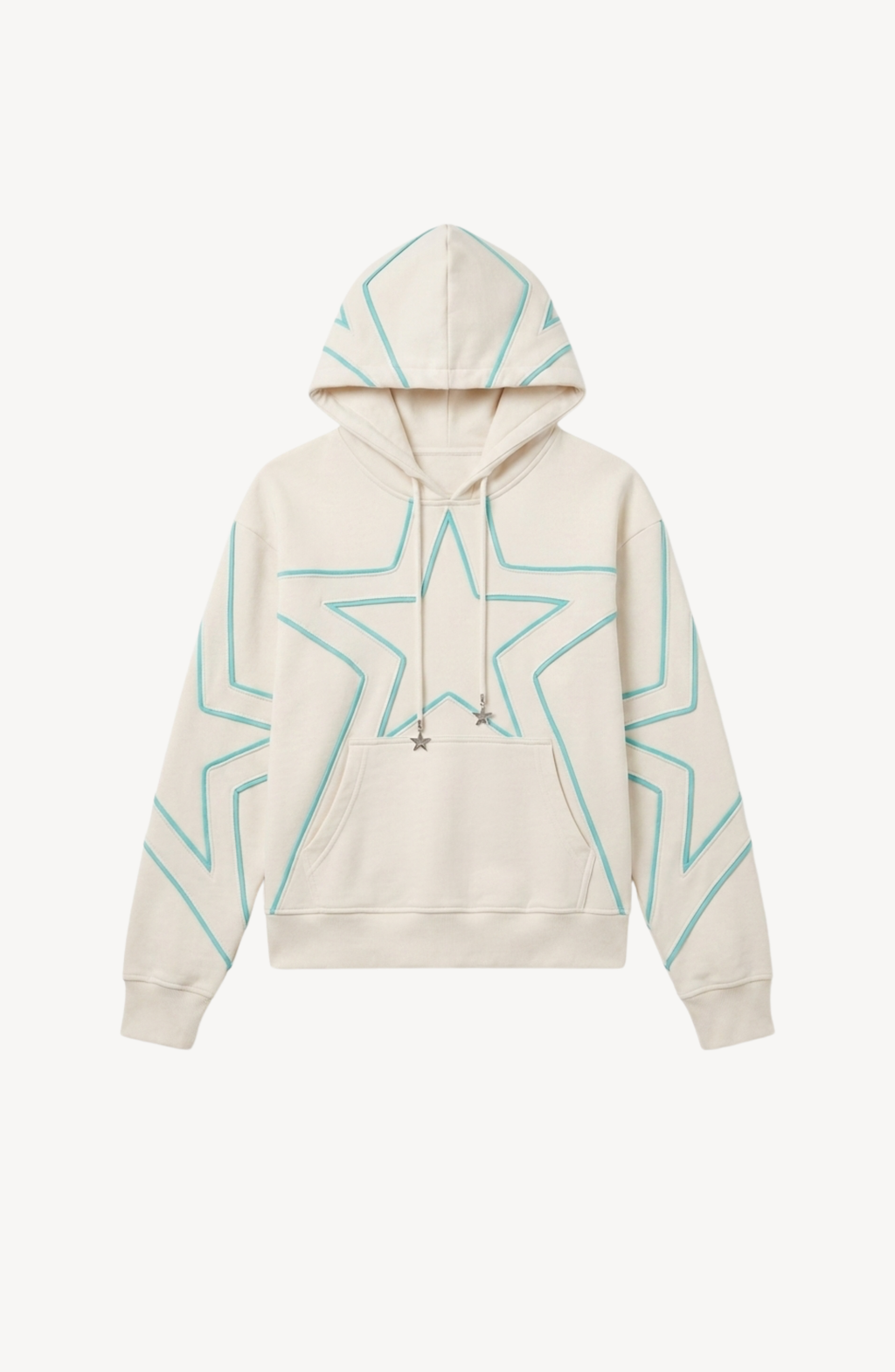 Cream hoodie with turquoise outlined star pattern, drawstring hood and front pouch pocket