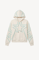 Cream hoodie with turquoise outlined star pattern, drawstring hood and front pouch pocket