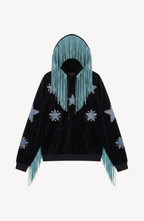 Black velvet hoodie with blue star appliqués and turquoise hood fringe