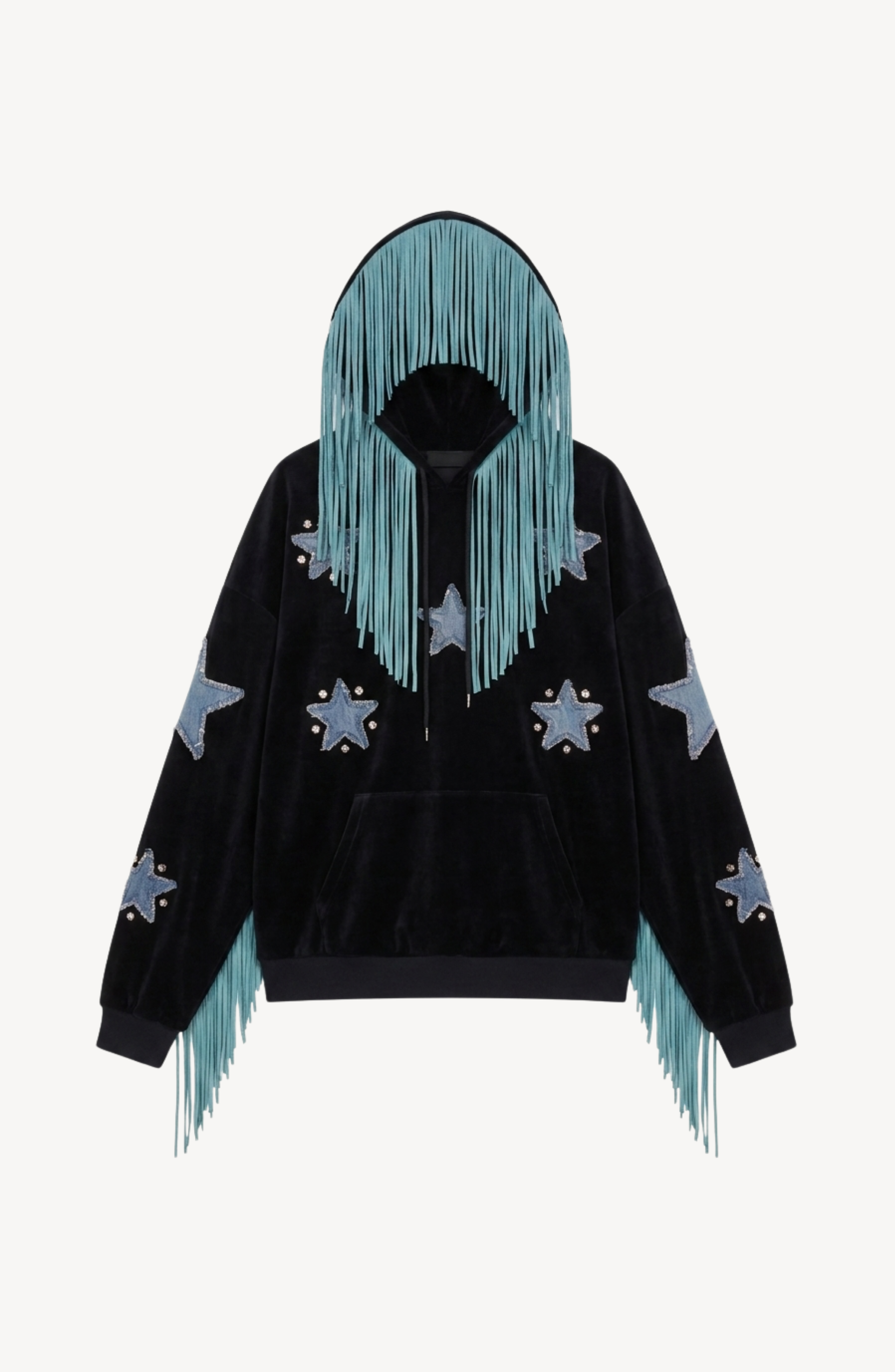 Black velvet hoodie with blue star appliqués and turquoise hood fringe