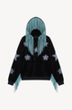 Black velvet hoodie with blue star appliqués and turquoise hood fringe