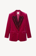 Women's fuchsia velvet blazer with embellished fringed front and flap pockets