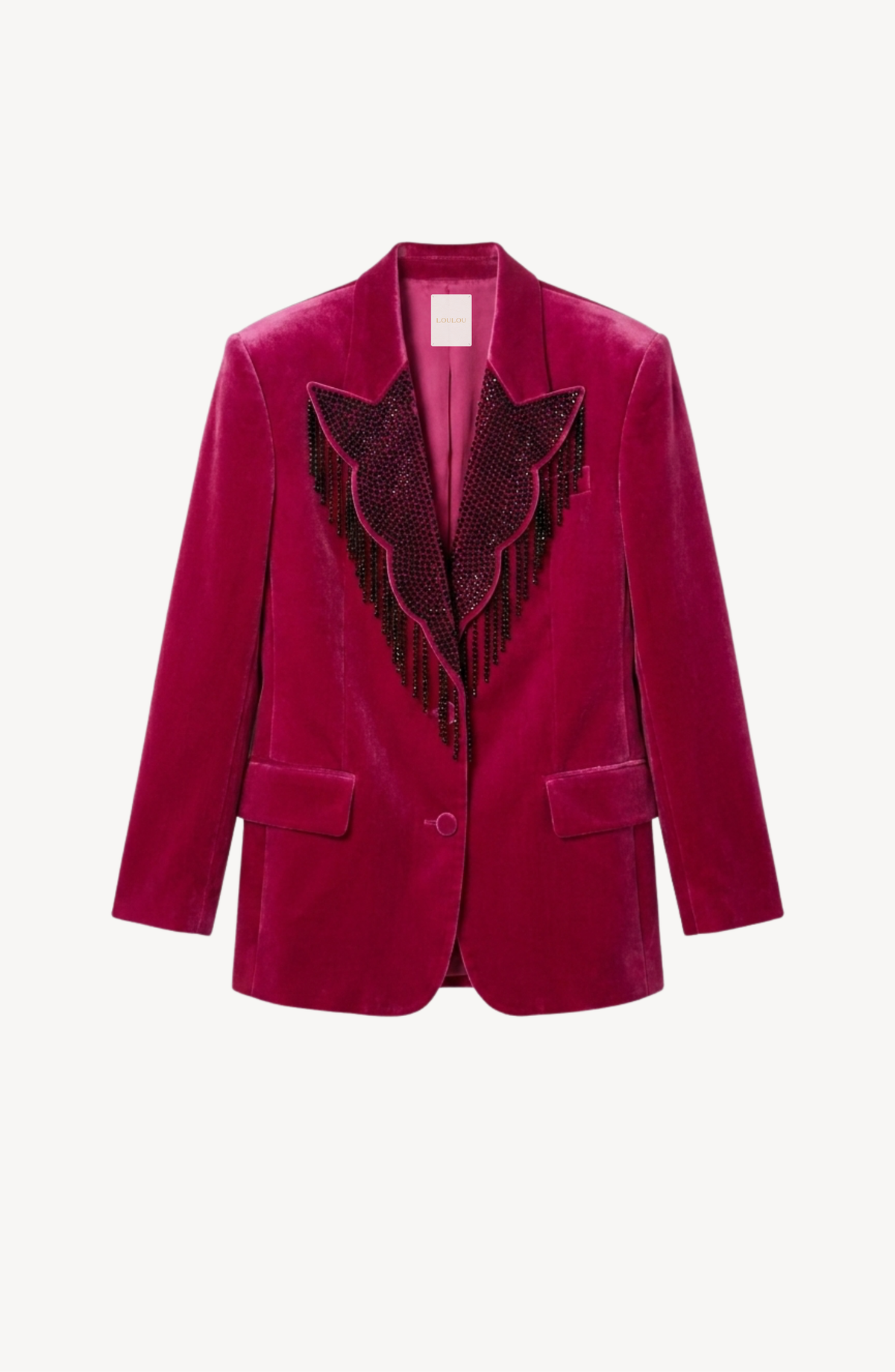 Women's fuchsia velvet blazer with embellished fringed front and flap pockets