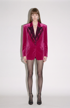 Women's fuchsia velvet blazer with embellished fringed front and flap pockets