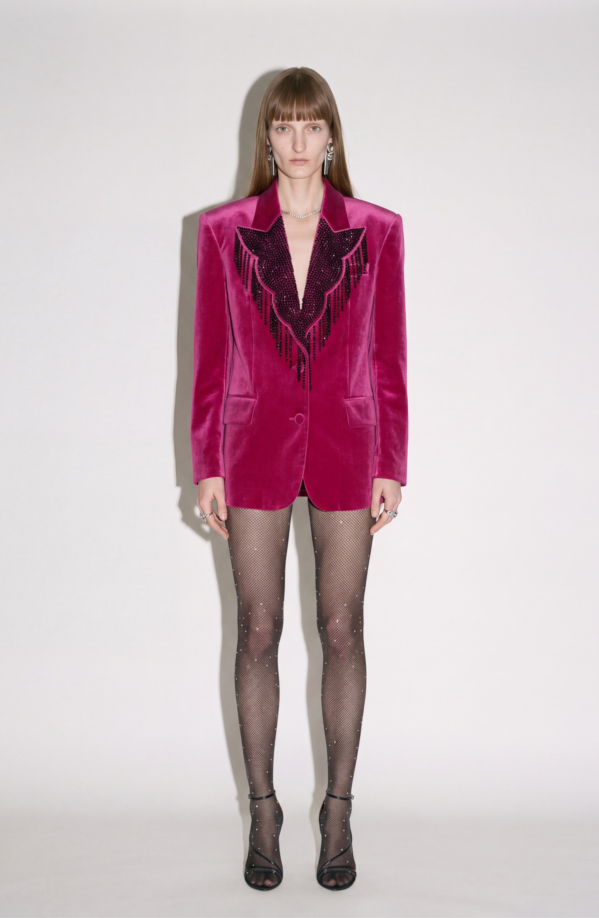 Women's fuchsia velvet blazer with embellished fringed front and flap pockets