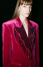 Women's fuchsia velvet blazer with embellished fringed front and flap pockets
