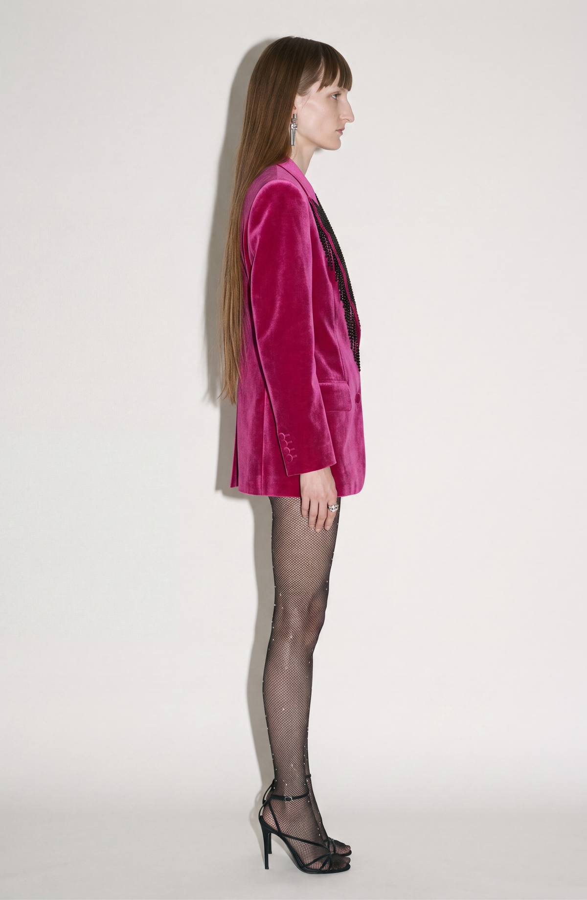 Women's fuchsia velvet blazer with embellished fringed front and flap pockets