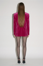 Women's fuchsia velvet blazer with embellished fringed front and flap pockets