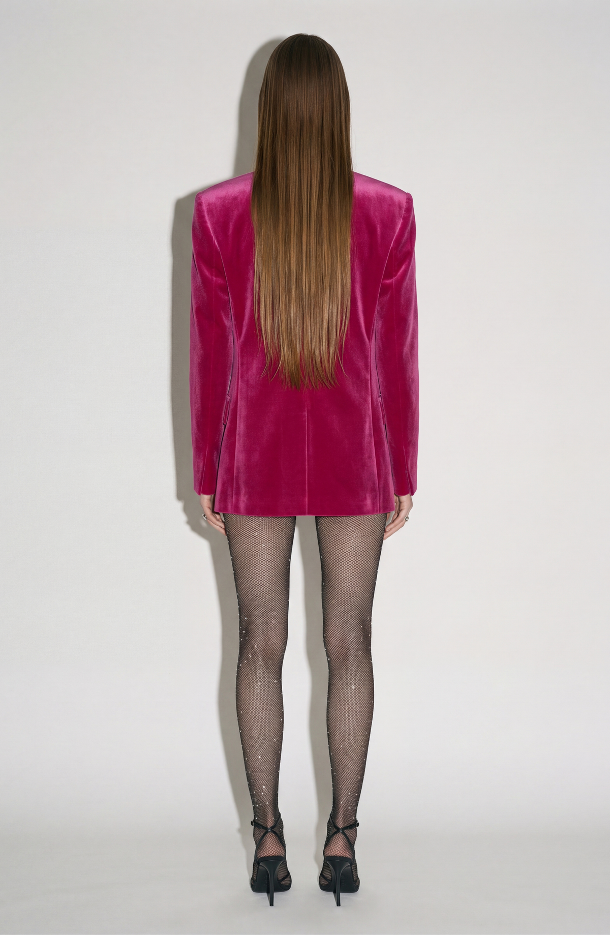 Women's fuchsia velvet blazer with embellished fringed front and flap pockets