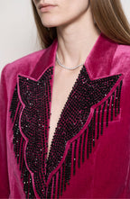 Women's fuchsia velvet blazer with embellished fringed front and flap pockets