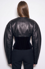Women's black cropped corset jacket with long sleeves and front zip