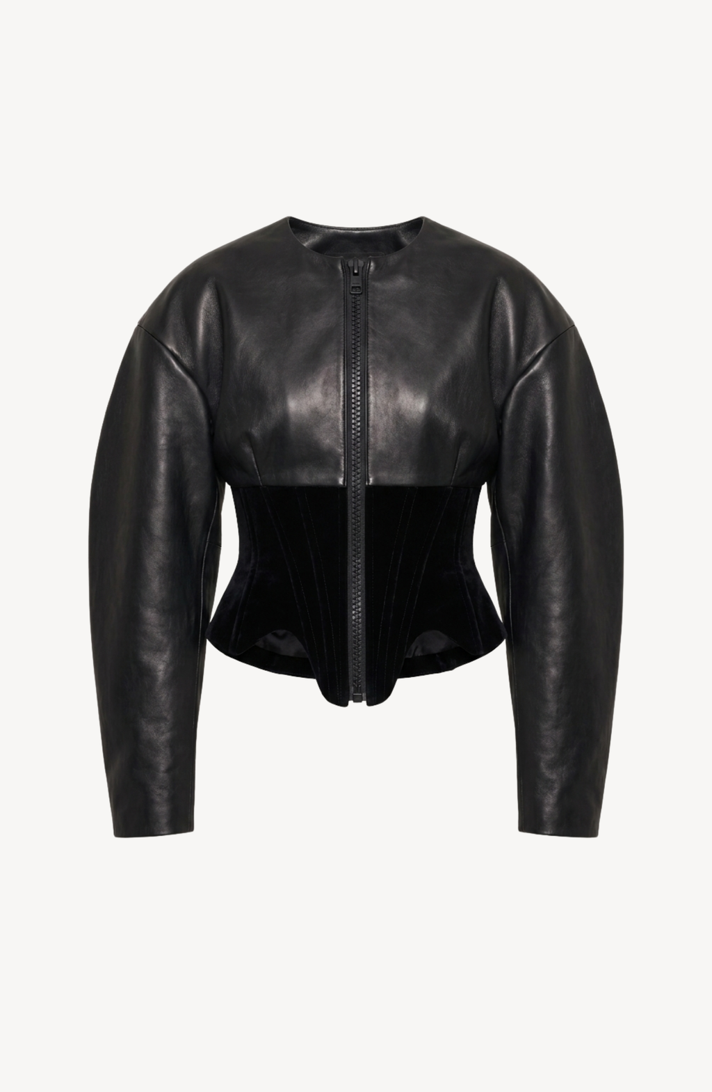 Women's black cropped corset jacket with long sleeves and front zip