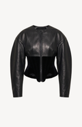 Women's black cropped corset jacket with long sleeves and front zip