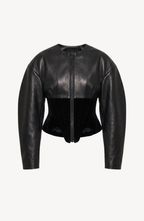 Women's black cropped corset jacket with long sleeves and front zip