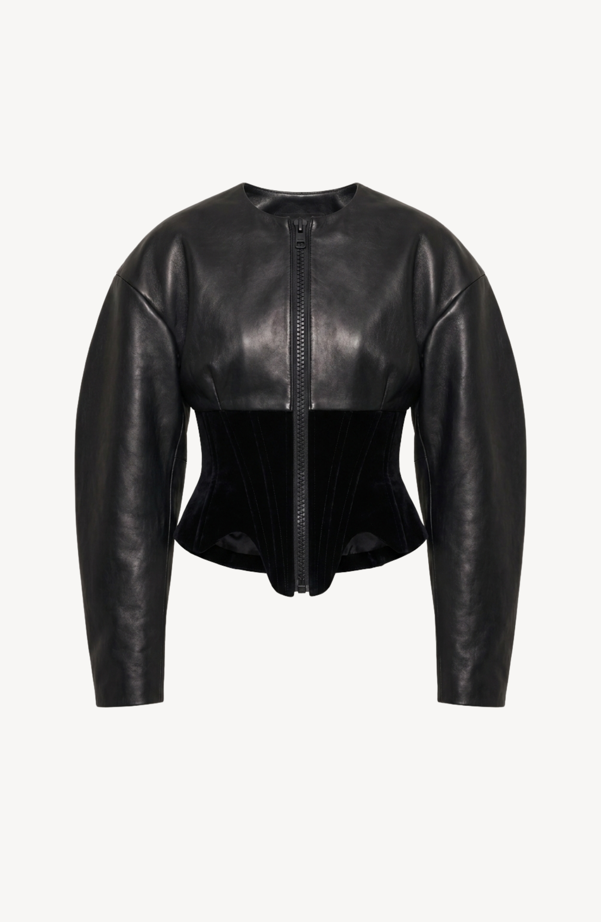 Women's black cropped corset jacket with long sleeves and front zip