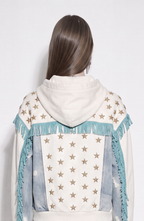 Women's white hooded zip hoodie with star embellishments and turquoise fringe