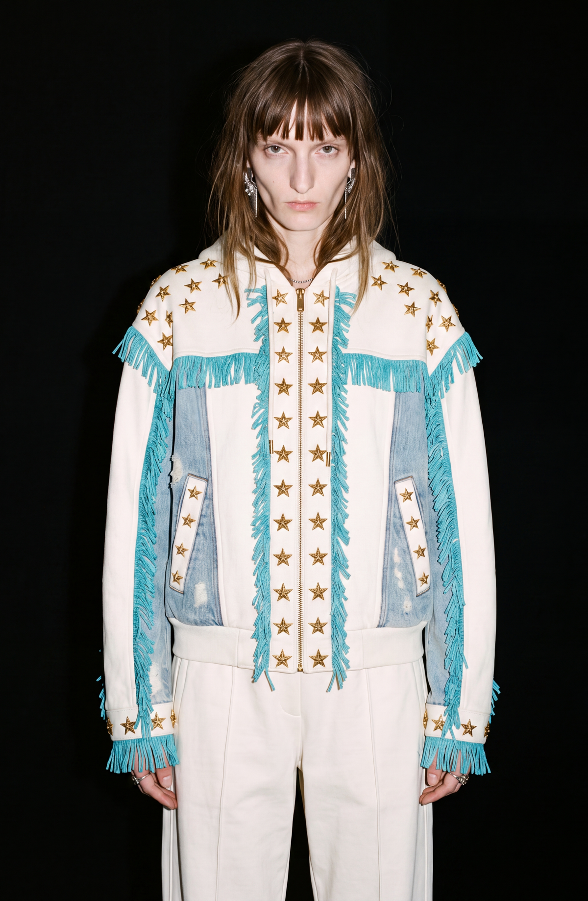 Women's white hooded zip hoodie with star embellishments and turquoise fringe