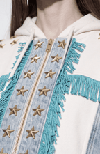 Women's white hooded zip hoodie with star embellishments and turquoise fringe