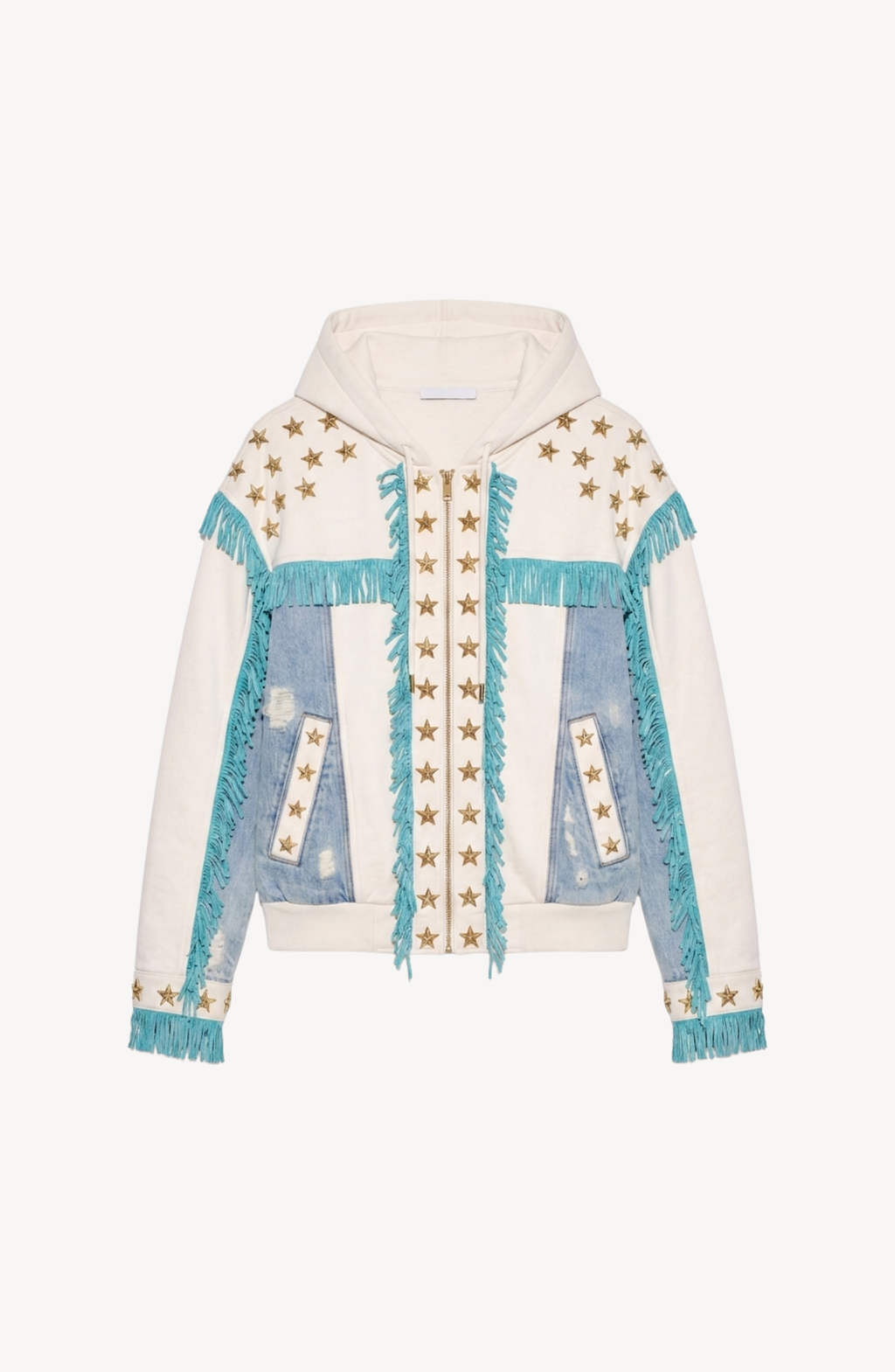 Women's white hooded zip hoodie with star embellishments and turquoise fringe
