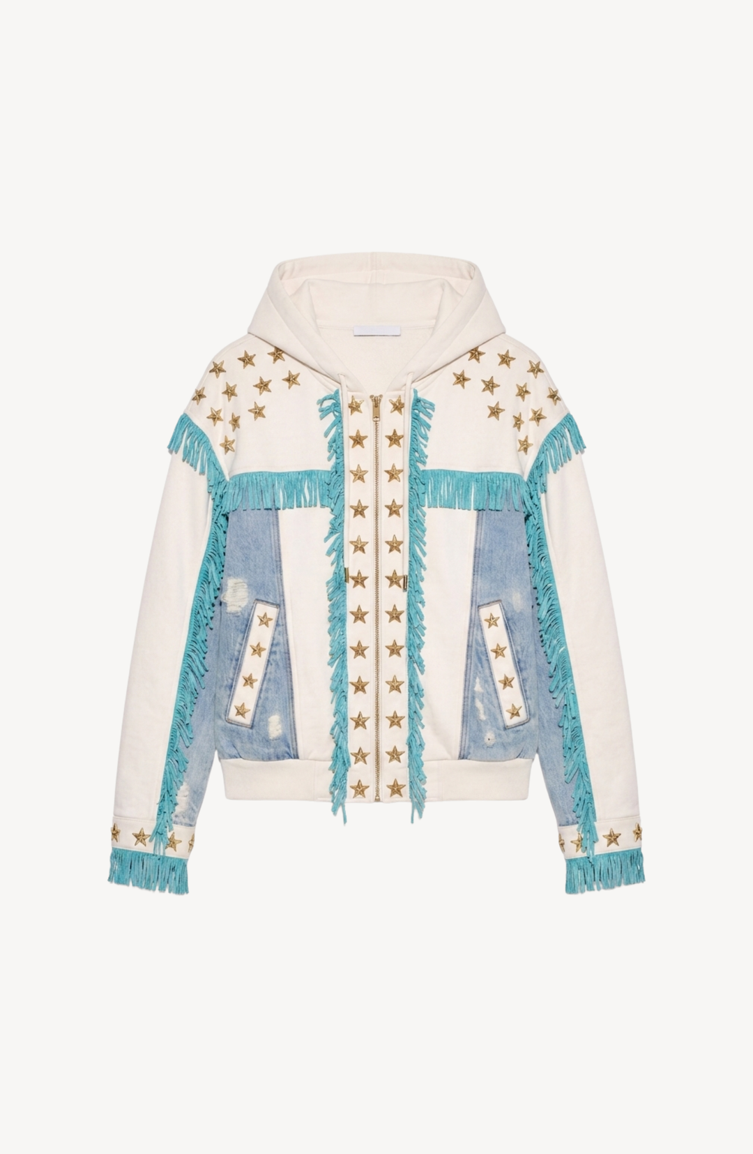 Women's white hooded zip hoodie with star embellishments and turquoise fringe